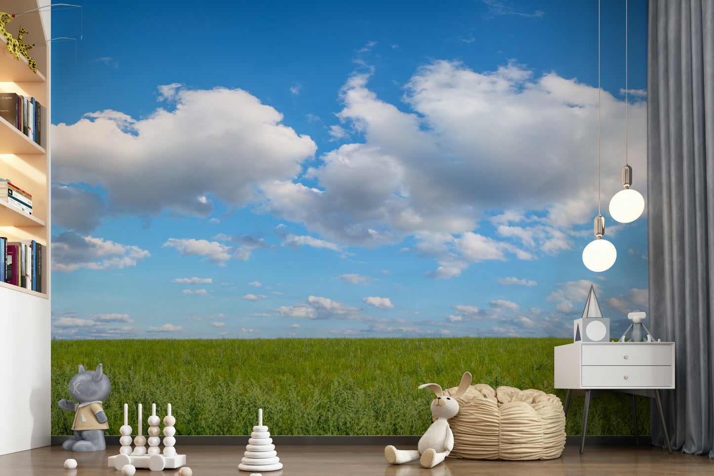 Vibrant green field, fluffy clouds, Grassland Under Sky.
