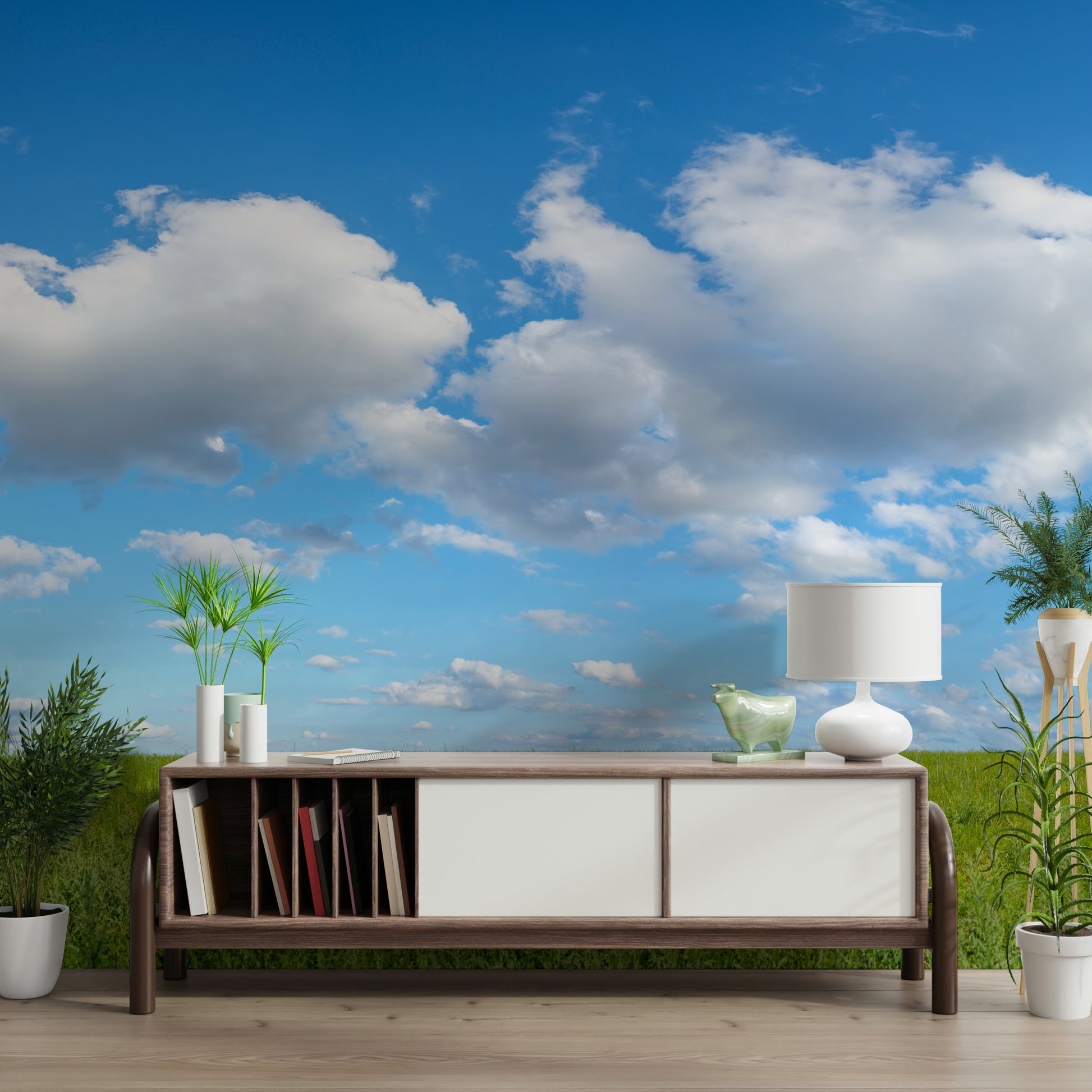 Wall mural: Expansive Grassland Under Sky, white clouds.