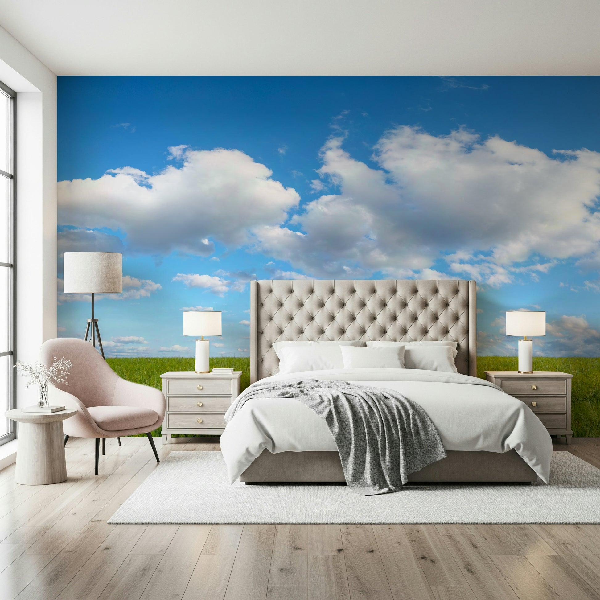 Peaceful wall mural, Grassland Under Sky setting.