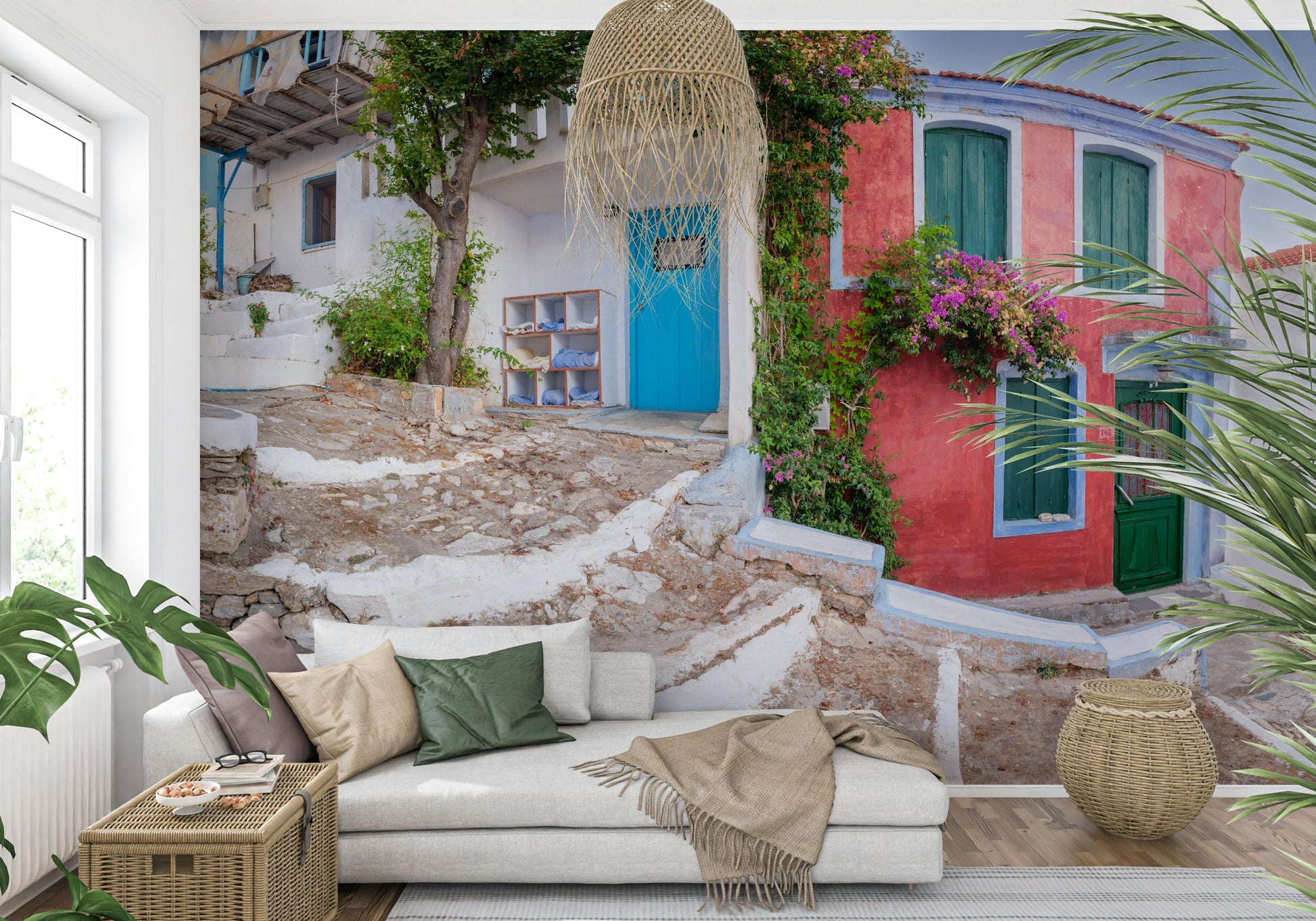 Coastal Charming stone pathway and flowering vines mural.