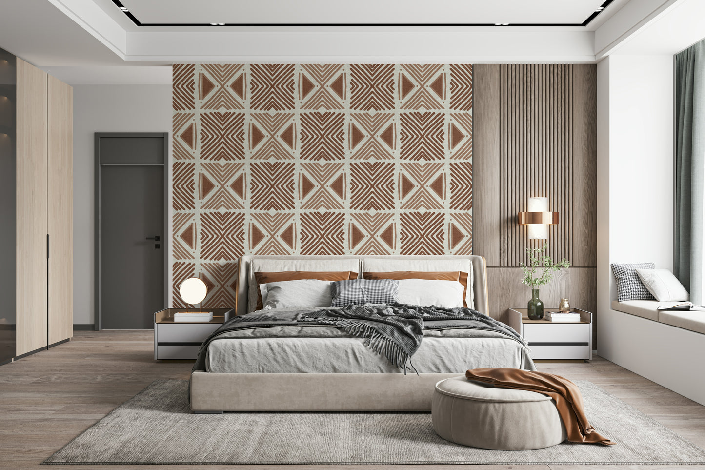 Abstract ochre patterned wallpaper Tribal Cappuccino Motif.