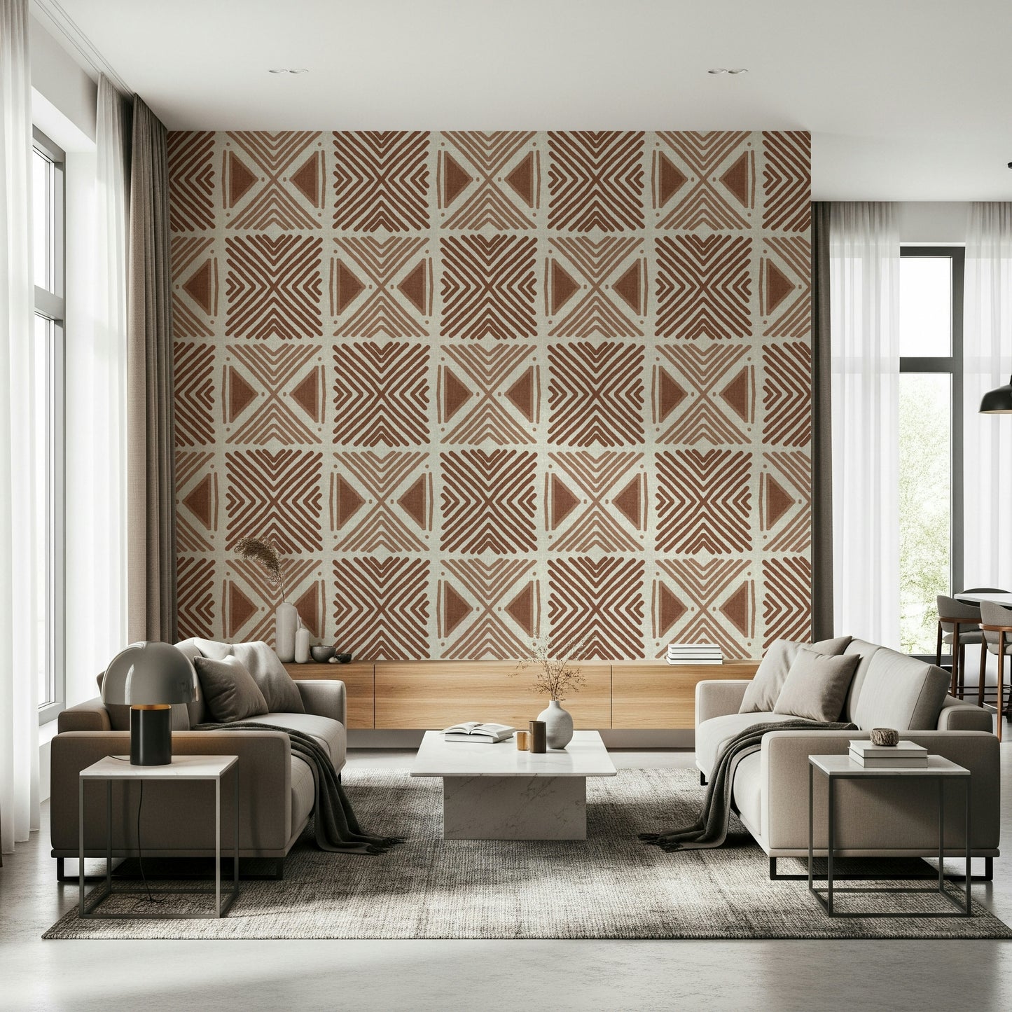 Hand-drawn effect terracotta wallpaper Tribal Cappuccino print.