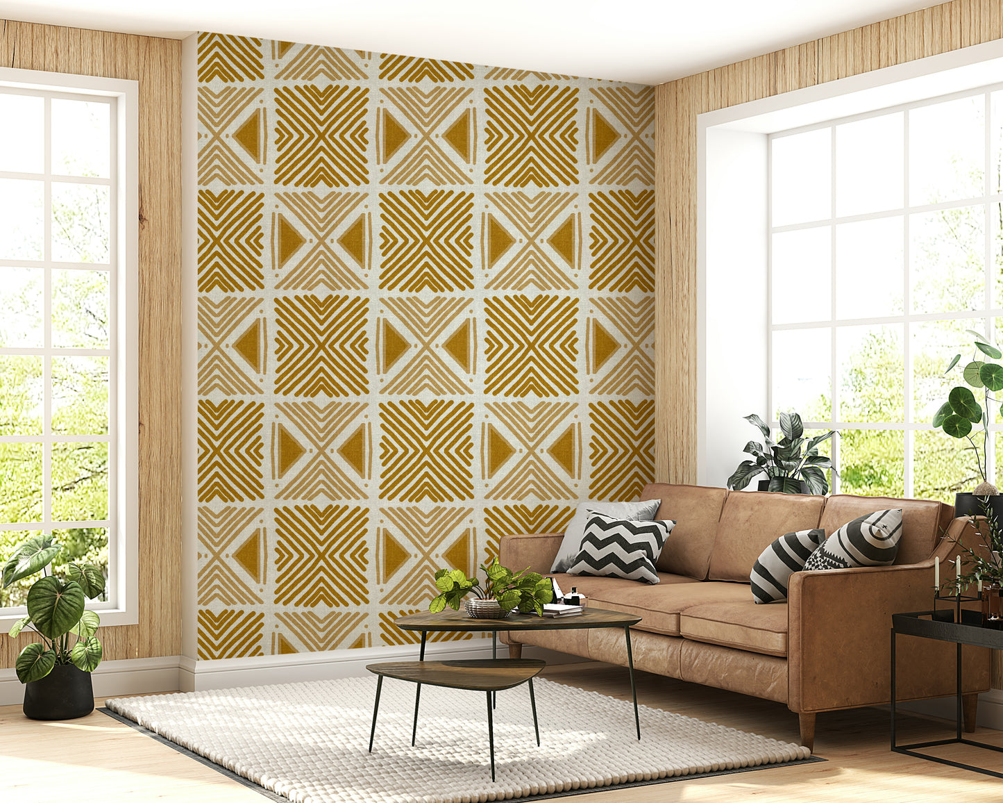 Rustic geometric wallpaper, ochre mustard tones, captivating motif.
