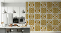 Hand-drawn wall mural with warm mustard, repeating chevron pattern.