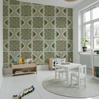 Olive green tribal print wallcovering, intricate, modern, stylish mural.