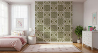 Elegant khaki patterned wall mural, unique Tribal Herbs fabric texture.