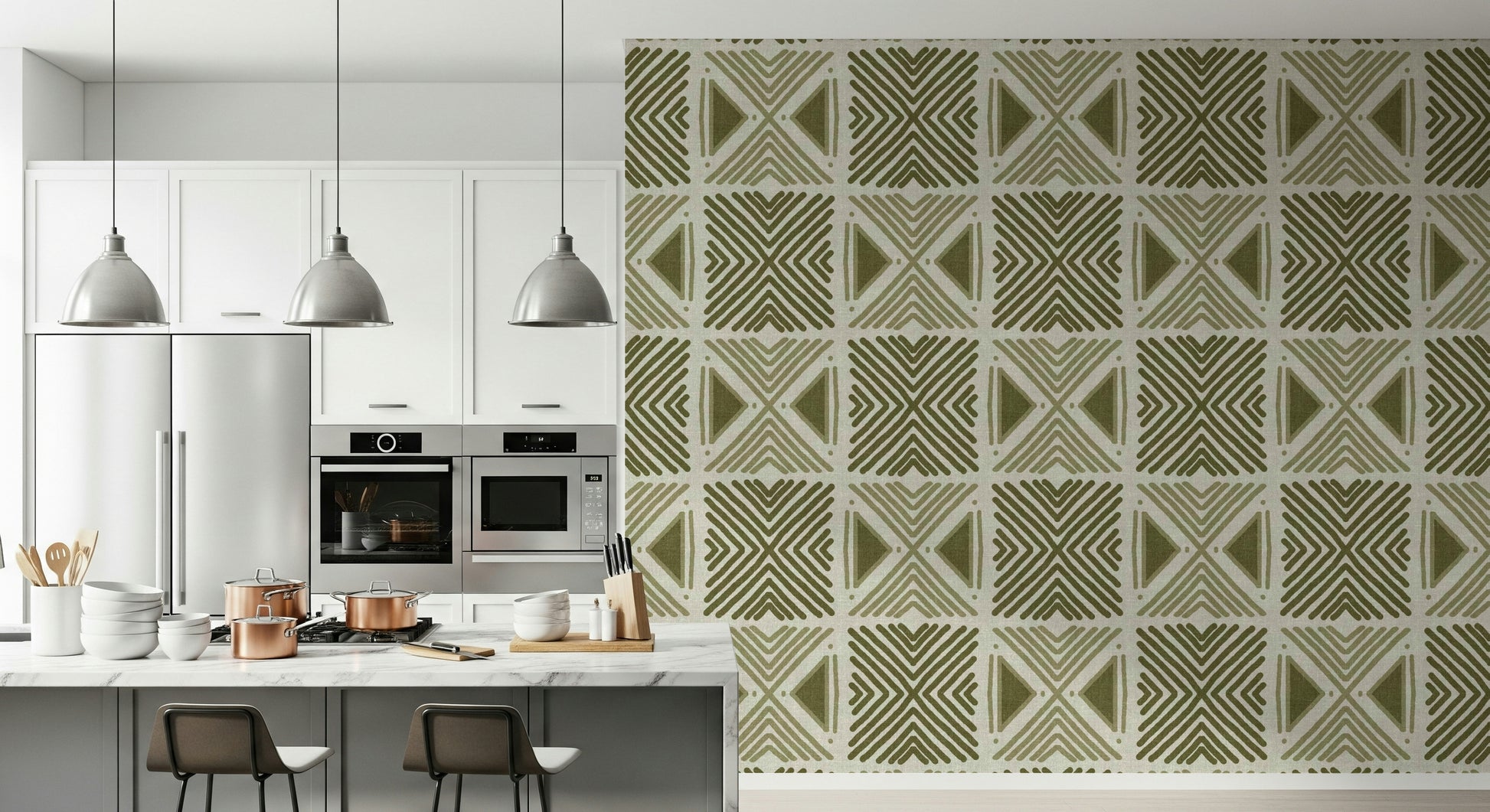 Modern African geometric design wallpaper in muted green tones.