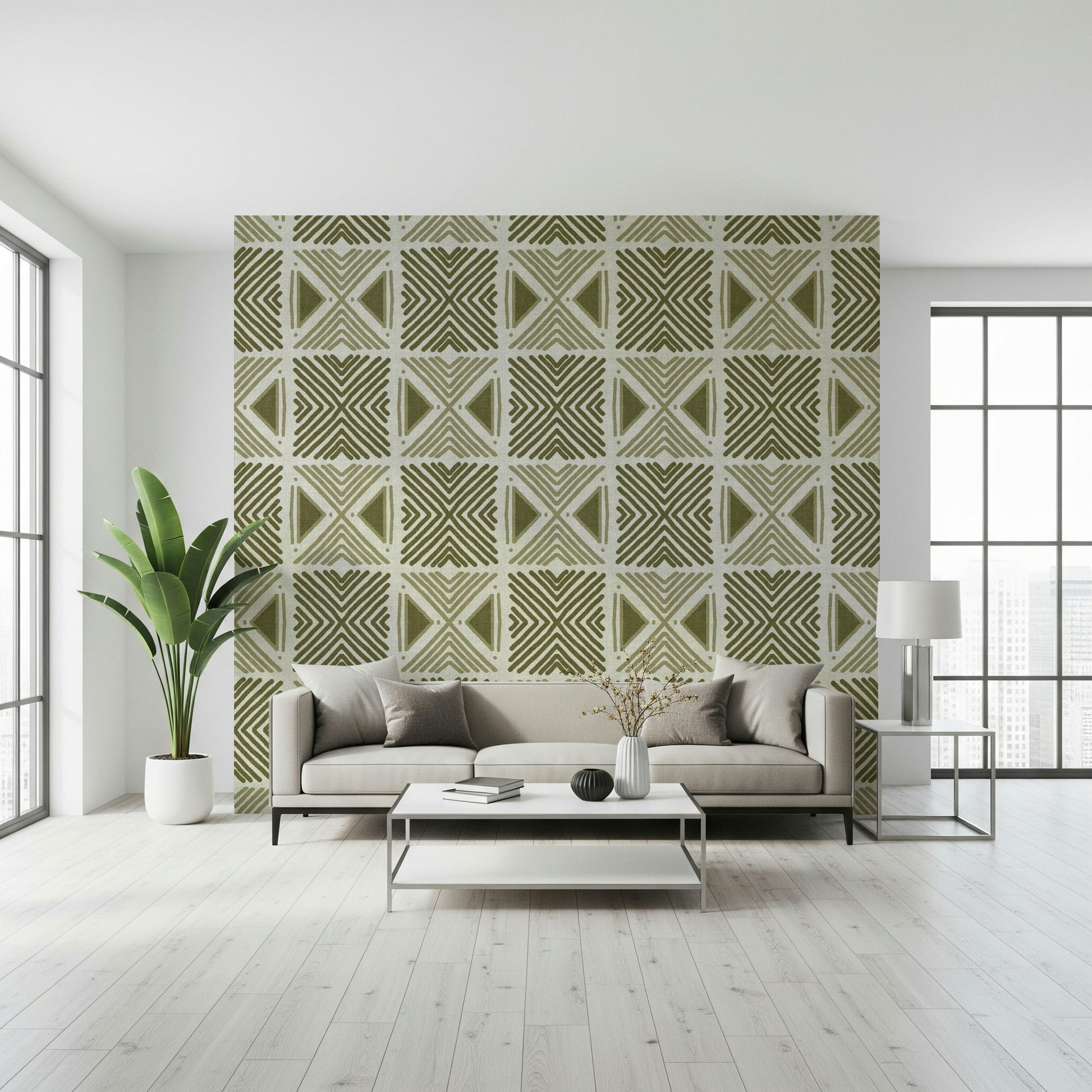 Khaki chevron and triangle design, Tribal Herbs Motif, accent wallpaper.