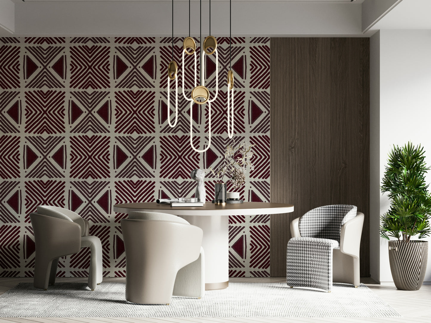 Designer Tribal Wine Motif wall mural, rustic patterned textile look, striking design.