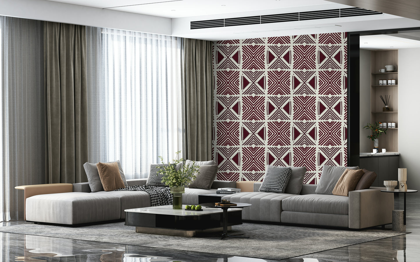 Stunning fabric-look wall mural: Tribal Wine Motif with authentic, earthy texture.