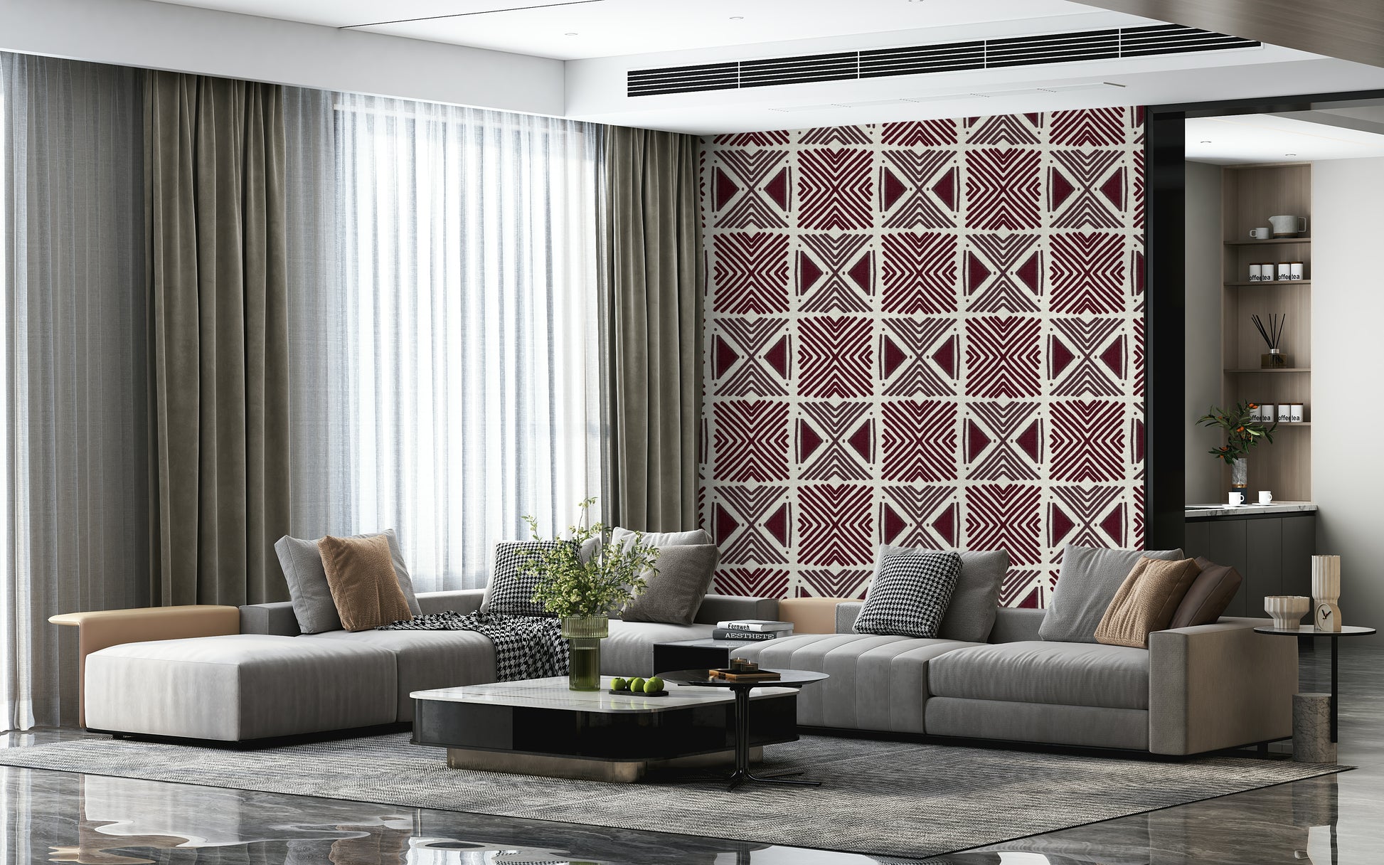 Stunning fabric-look wall mural: Tribal Wine Motif with authentic, earthy texture.