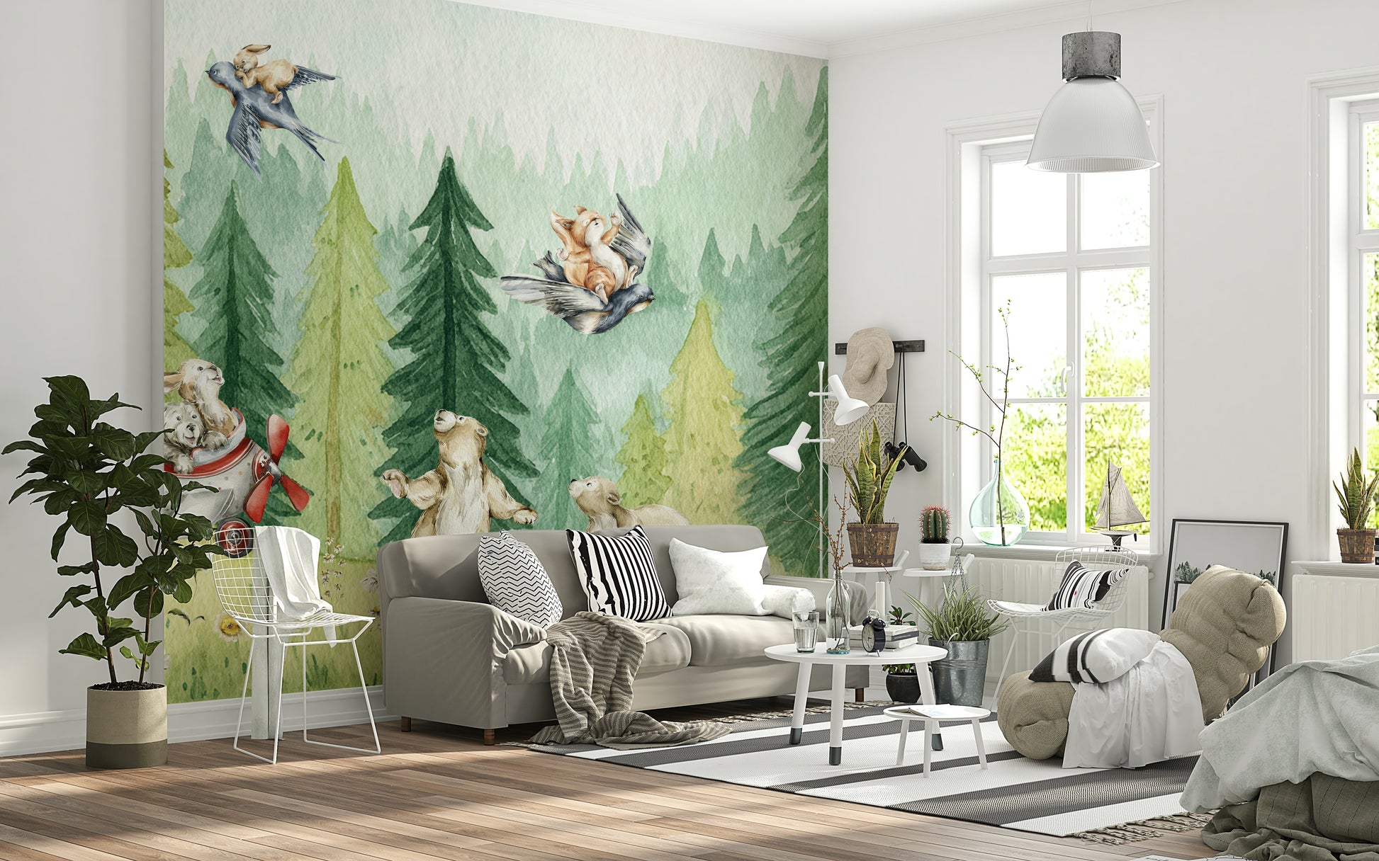 Whimsical wall mural of woodland creatures flying airplanes and birds.