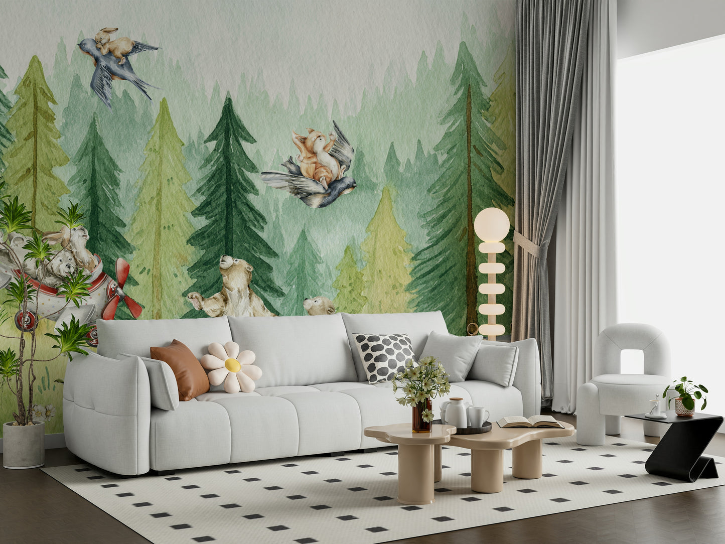 Children's room mural with charming forest animals and aviation fun.