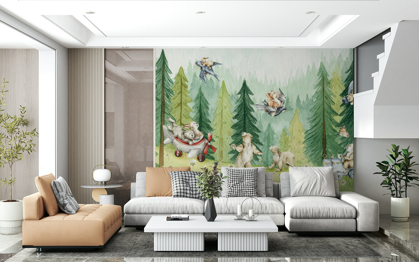Cute cubs and rabbits playing in a forest clearing, a cheerful mural.