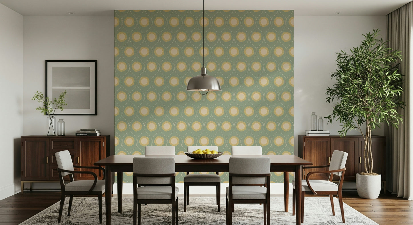 Elegant Retro Radiance wall mural Decorative repeating circles with radiating golden fringe.