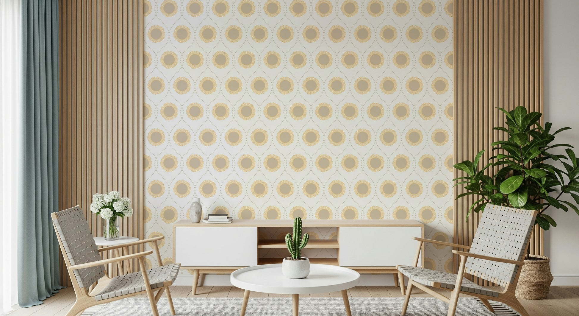 Abstract Radiant Sunburst Pattern mural, geometric repeat, minimal, soft colors.