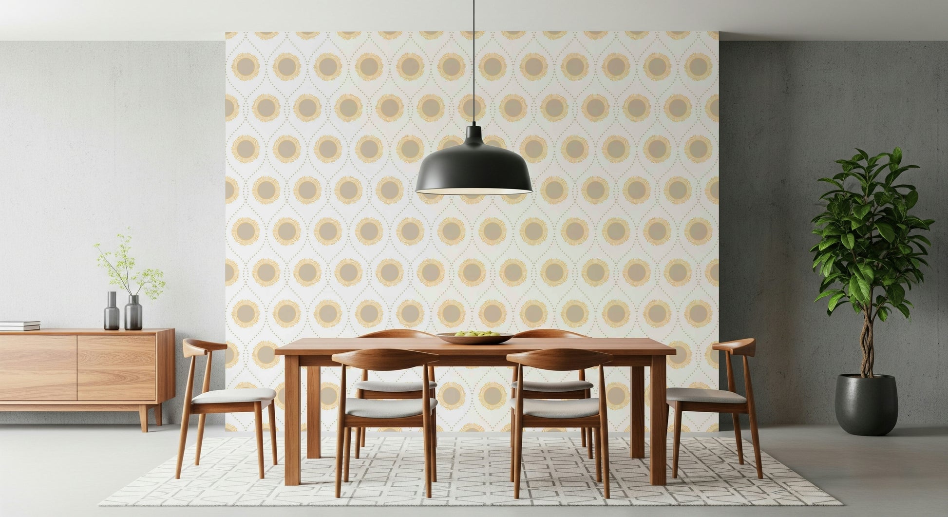 Clean Radiant Sunburst Pattern wall decal, geometric trellis, sunny emblem repeat.
