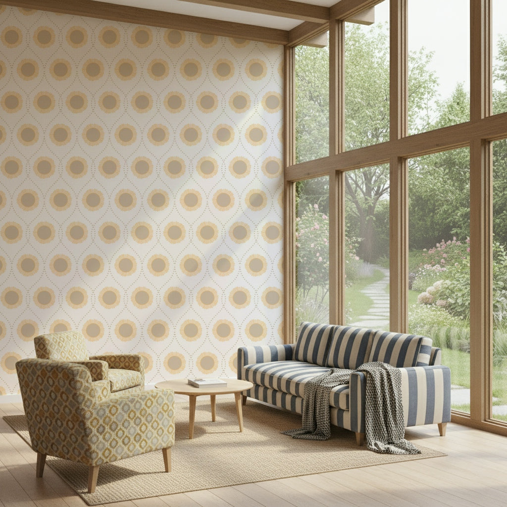 Bright Radiant Sunburst Pattern mural, happy sun icons, warm beige, crisp appearance.