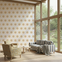 Bright Radiant Sunburst Pattern mural, happy sun icons, warm beige, crisp appearance.