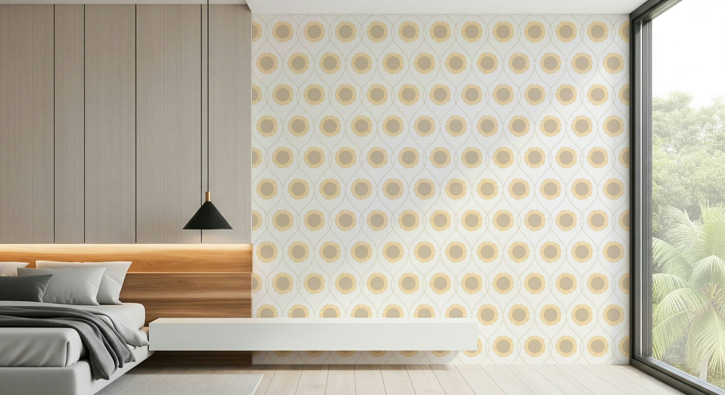 Neutral Radiant Sunburst Pattern print, decorative sun motifs, elegant home accent.