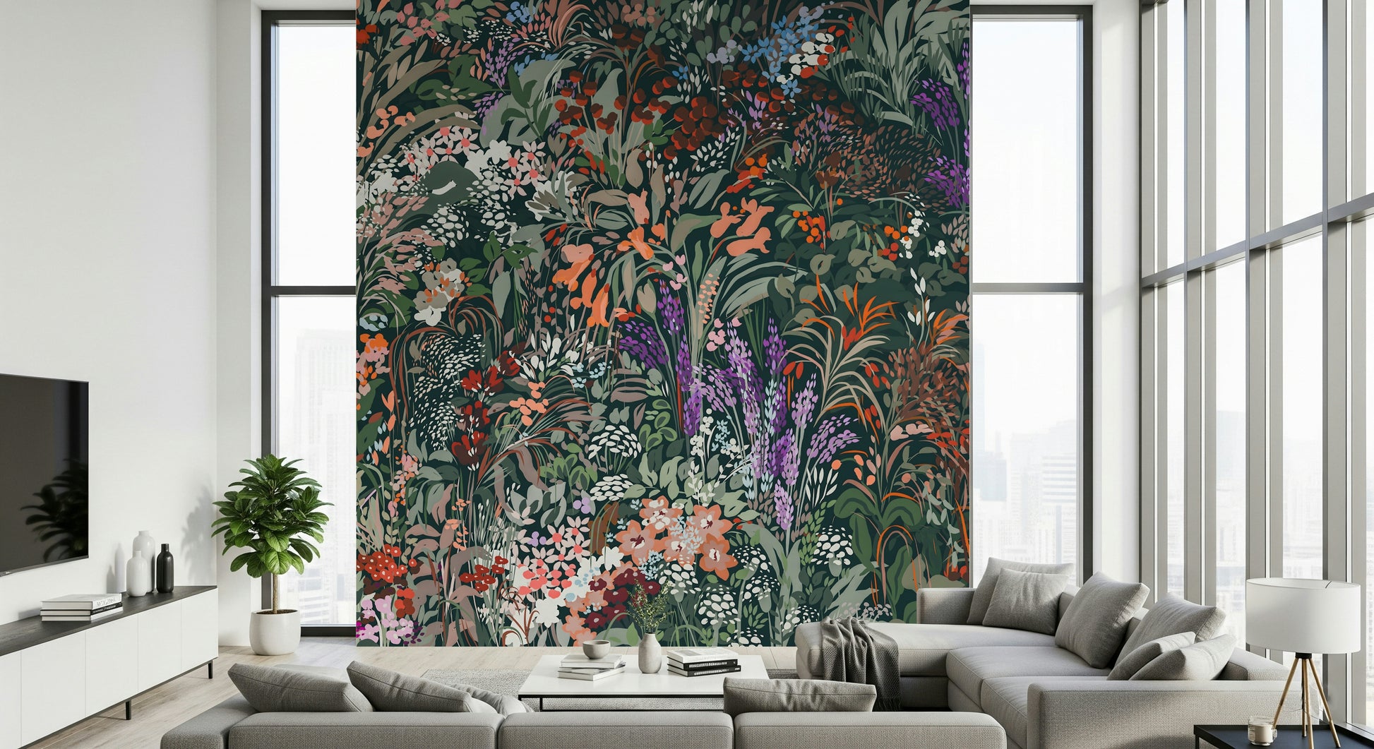 Stunning Biodiversity Canvas mural, forest growth, expressive color, organic shapes.