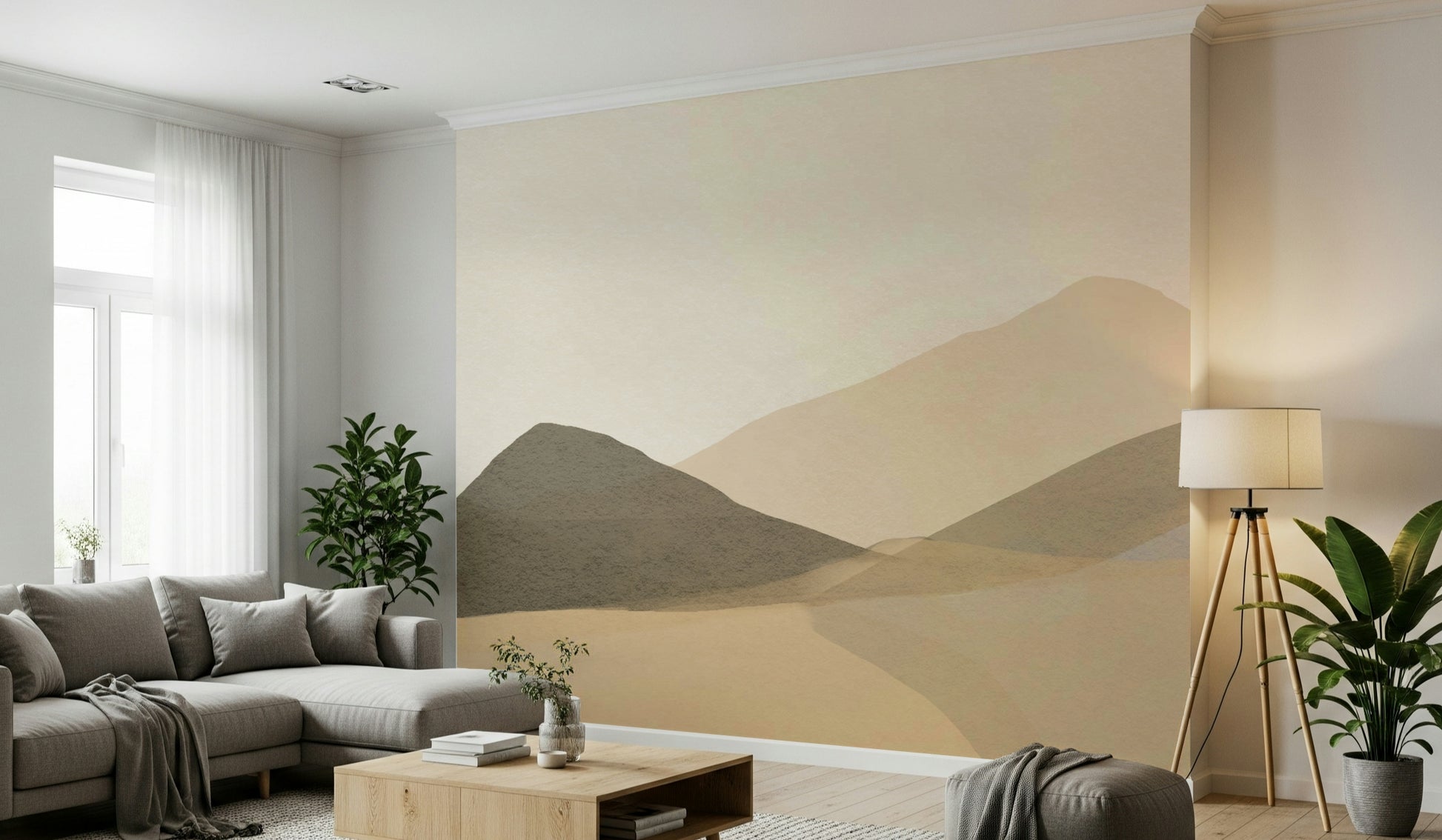 Beige watercolor mountain range mural, Neutral Hues wall covering.