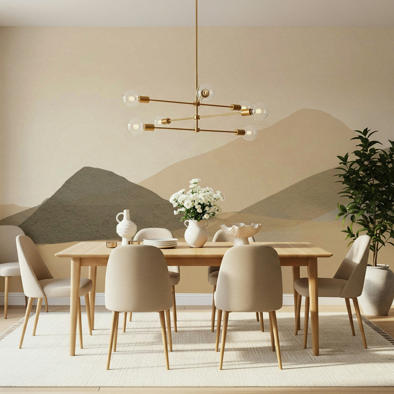 Neutral Hues Minimalist desert mountain wallpaper mural, serene beige tones.