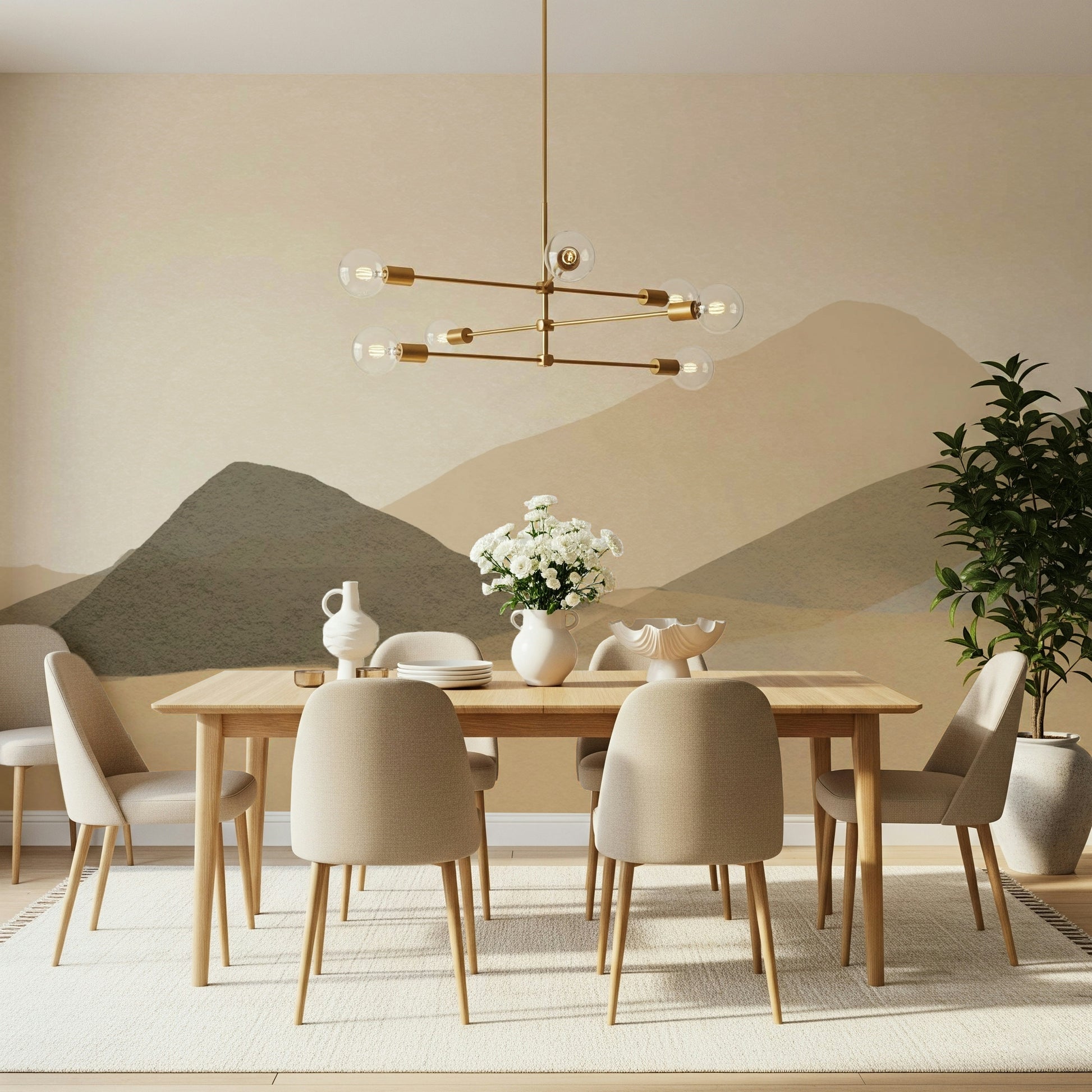 Neutral Hues Minimalist desert mountain wallpaper mural, serene beige tones.