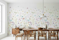 A watercolor wallpaper showcasing whimsical florals in soft pink, blue, lavender, and yellow tones.