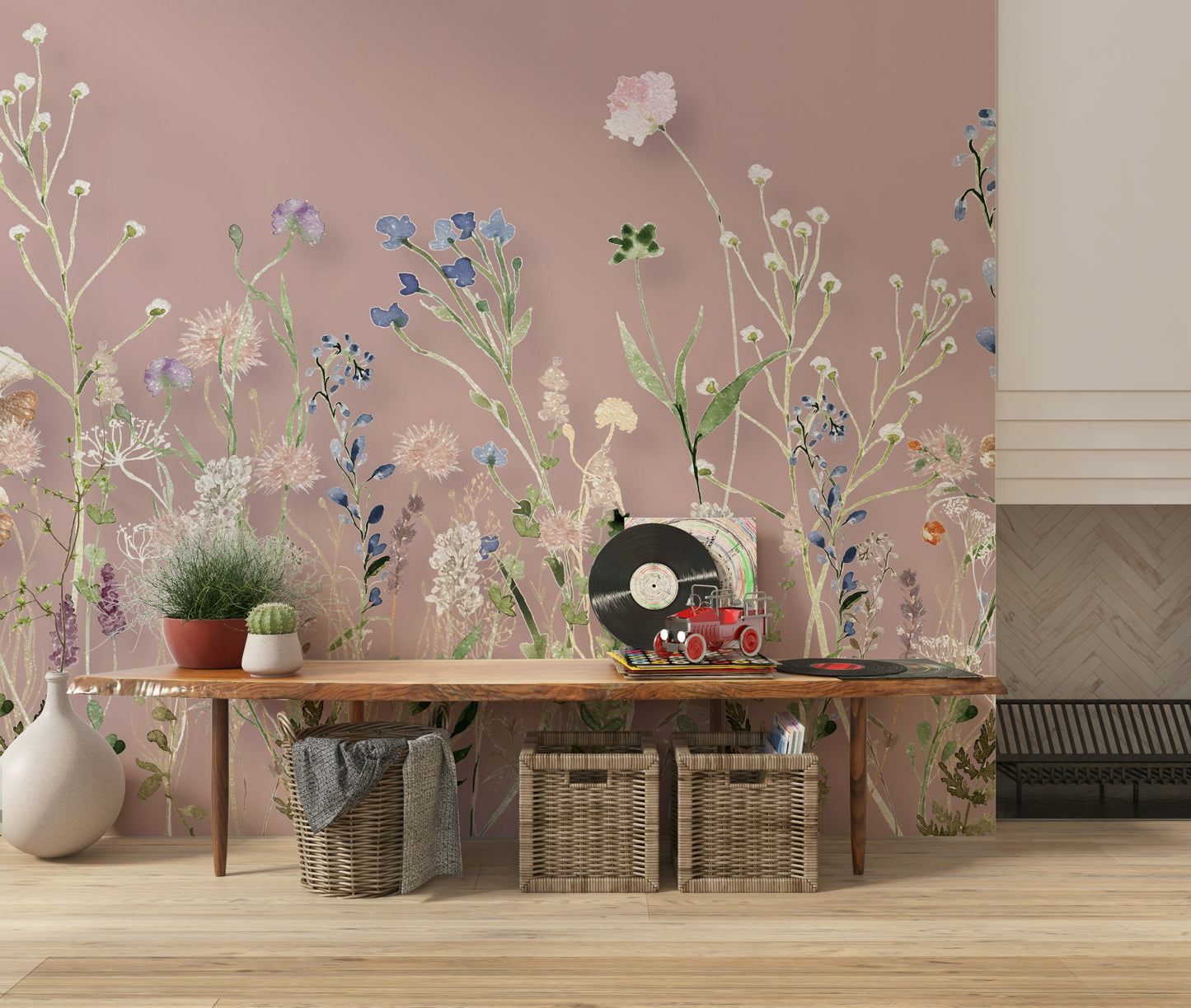 A nature-inspired wallpaper decorated with soft green stems and pastel blossoms on a pink base.