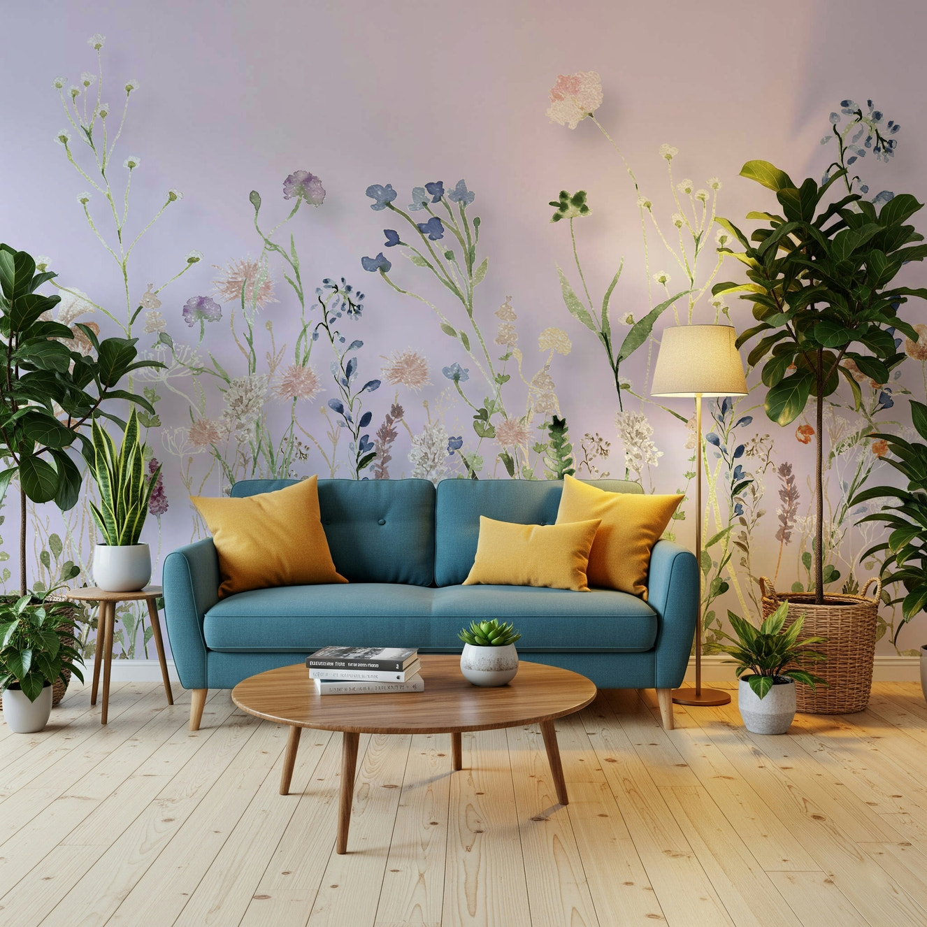 A wildflower wallpaper featuring soft watercolor blooms on a muted green background for a serene look.