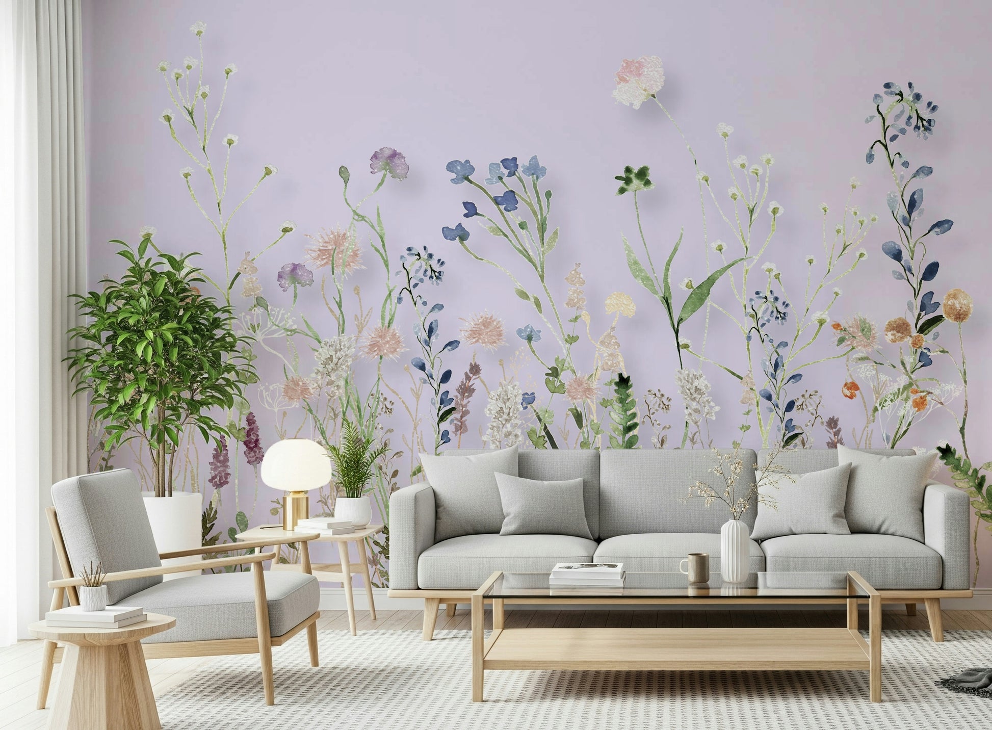 A watercolor wallpaper showcasing tall meadow wildflowers in soft, airy colors.