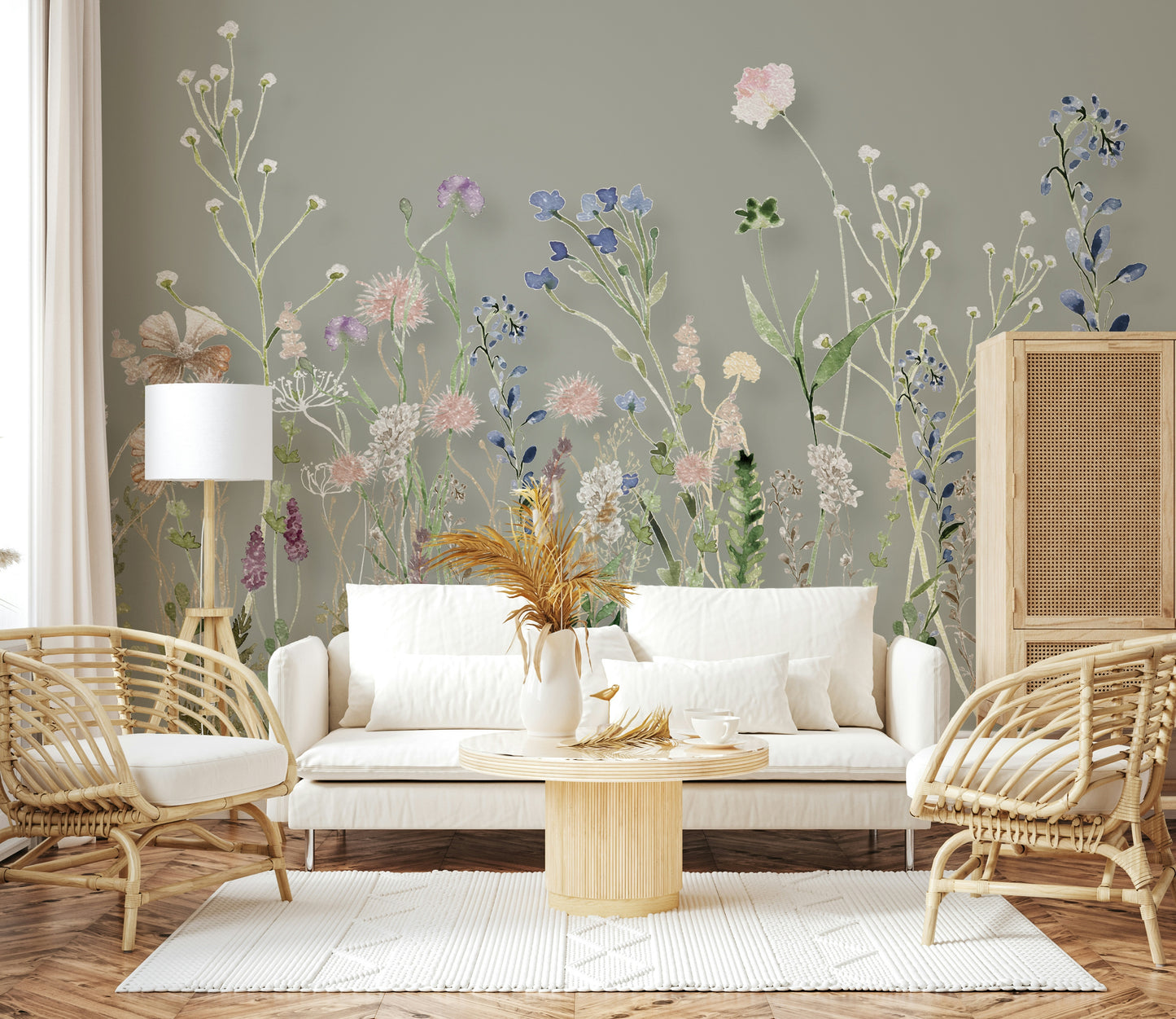 A whimsical wallpaper depicting watercolor wildflowers in soft pink, blue, and peach tones.