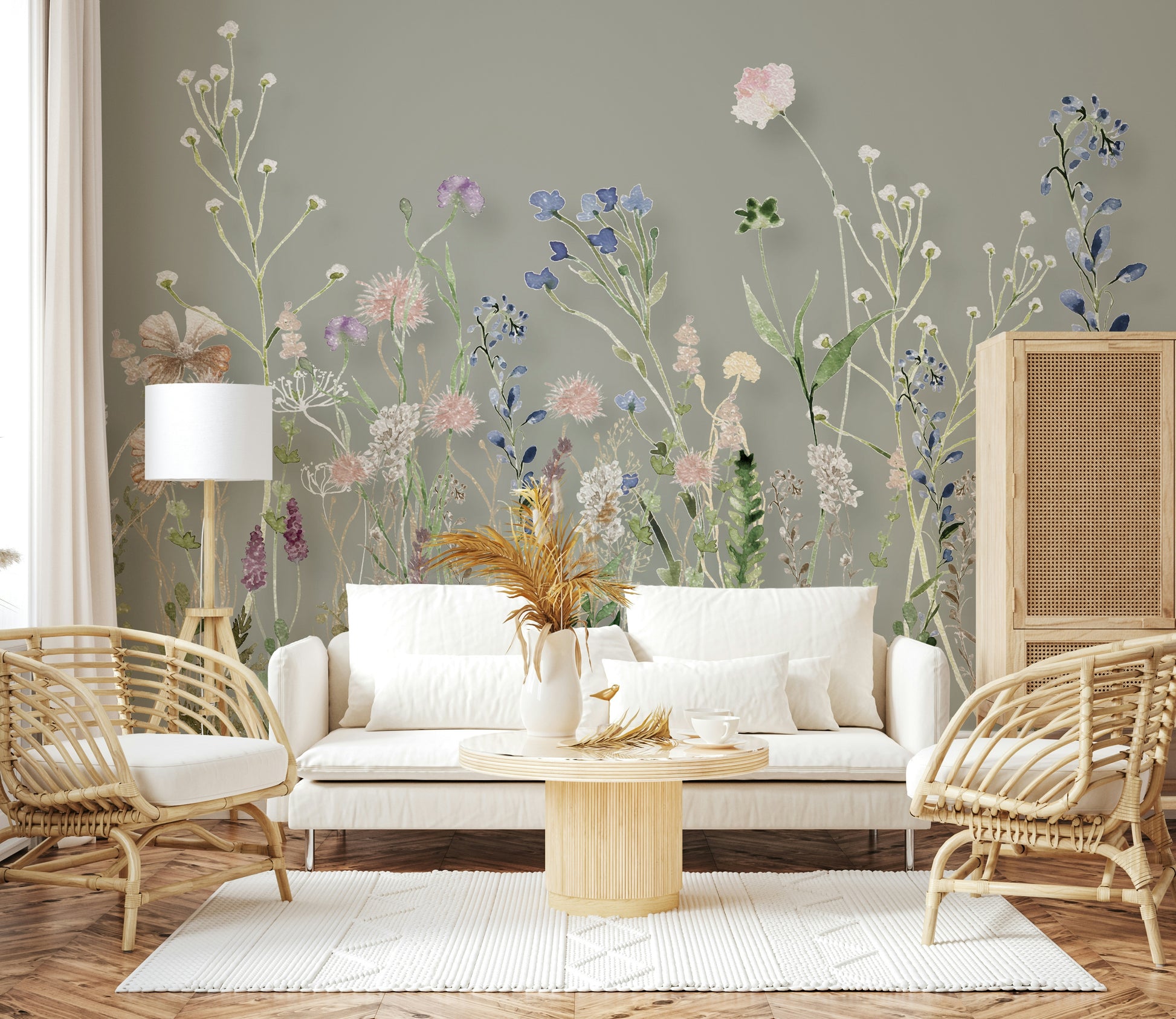 A whimsical wallpaper depicting watercolor wildflowers in soft pink, blue, and peach tones.