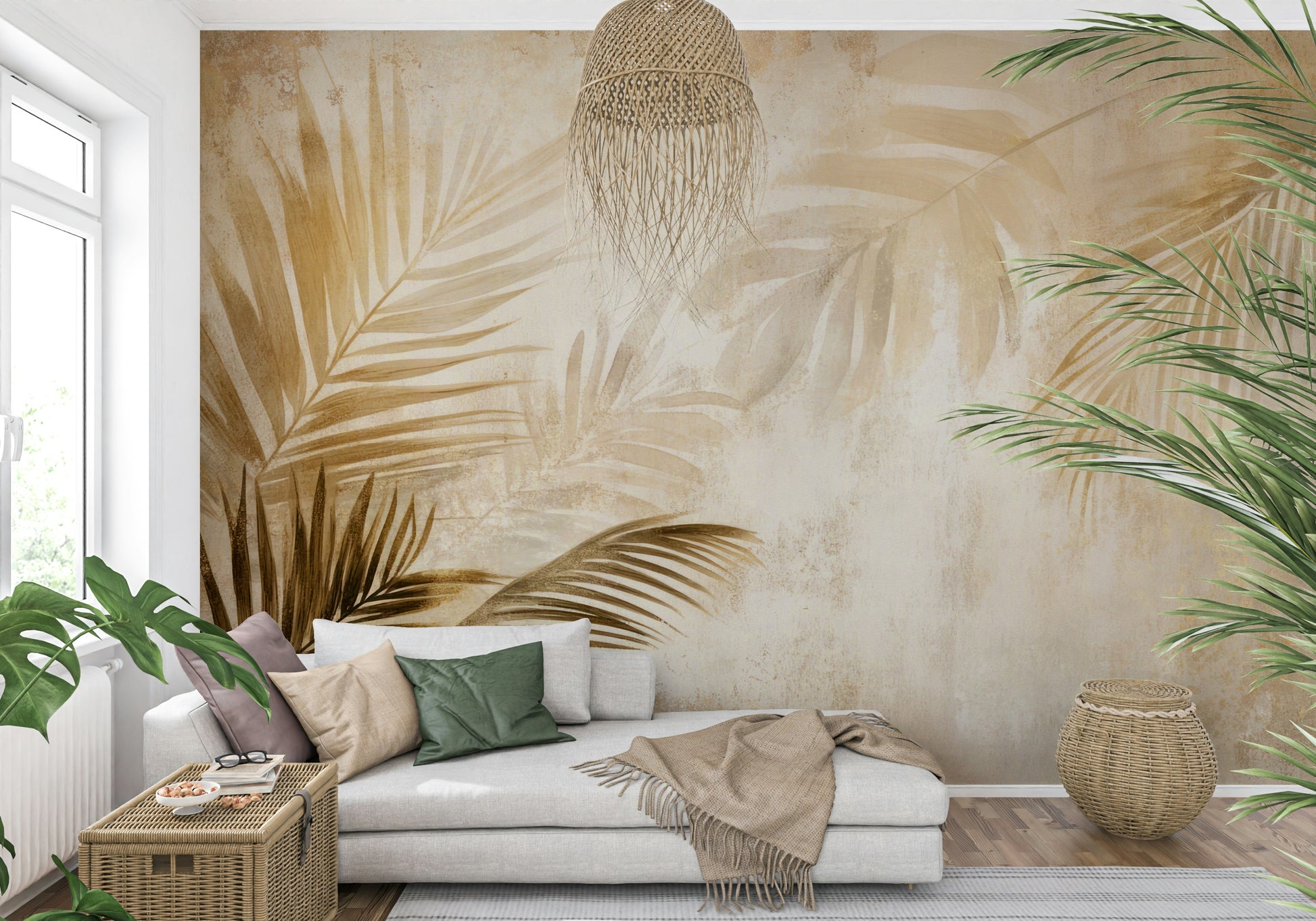 A luxurious wallpaper with golden palm fronds brushed across a faded, artistic background.