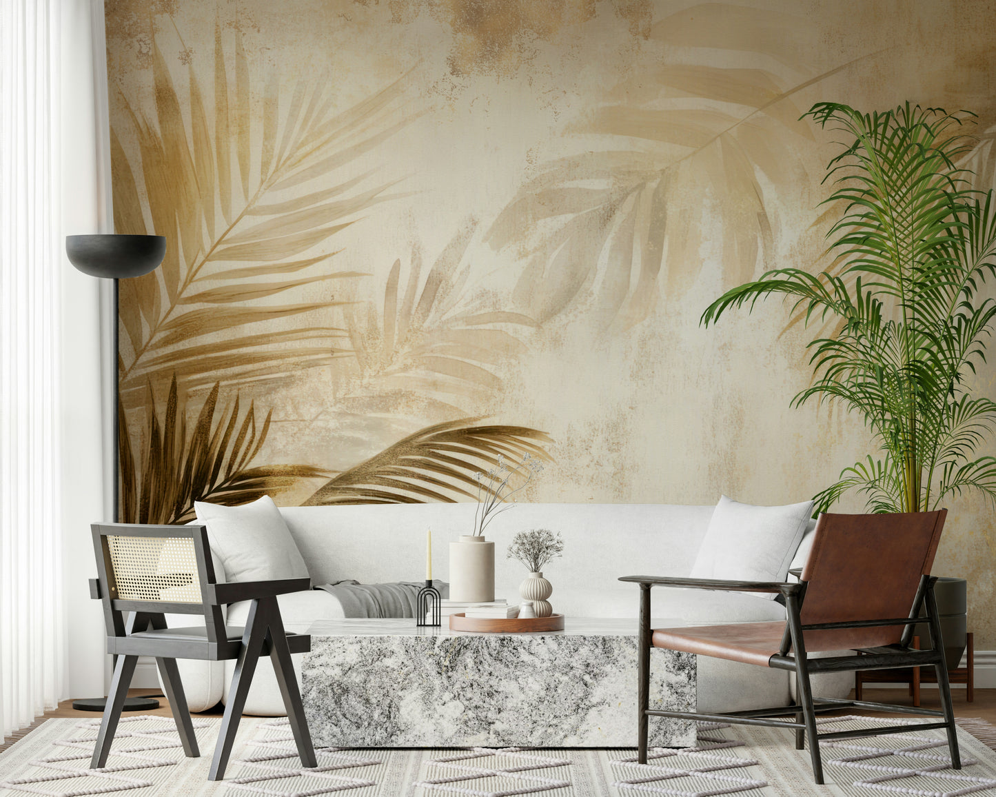 A sophisticated wallpaper with warm golden palm fronds arranged in an artistic wash of color.