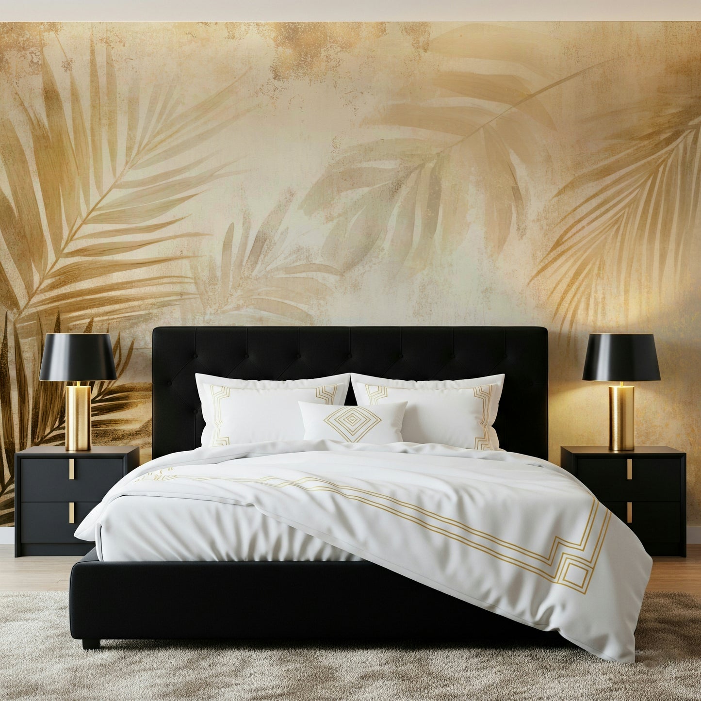 A calming tropical wallpaper decorated with brushed gold palm shapes on a distressed background.