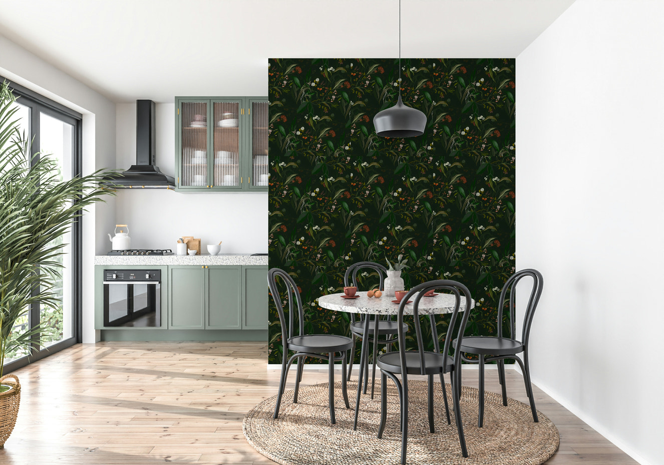 Botanical Nightfall wallpaper featuring dark, moody foliage against a twilight backdrop.