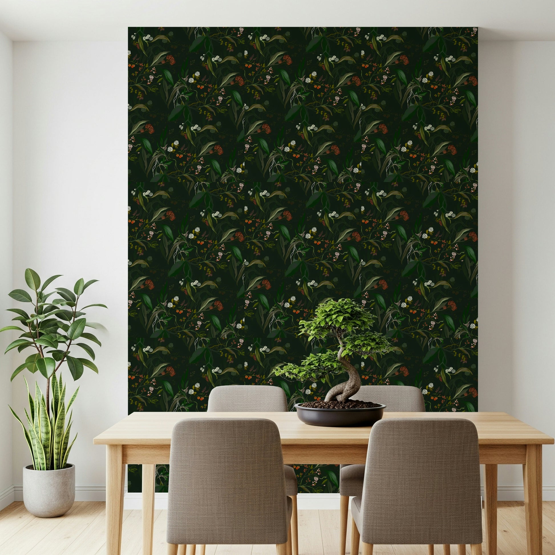 Twilight-inspired botanical pattern featuring layered leaves and dusky tones.