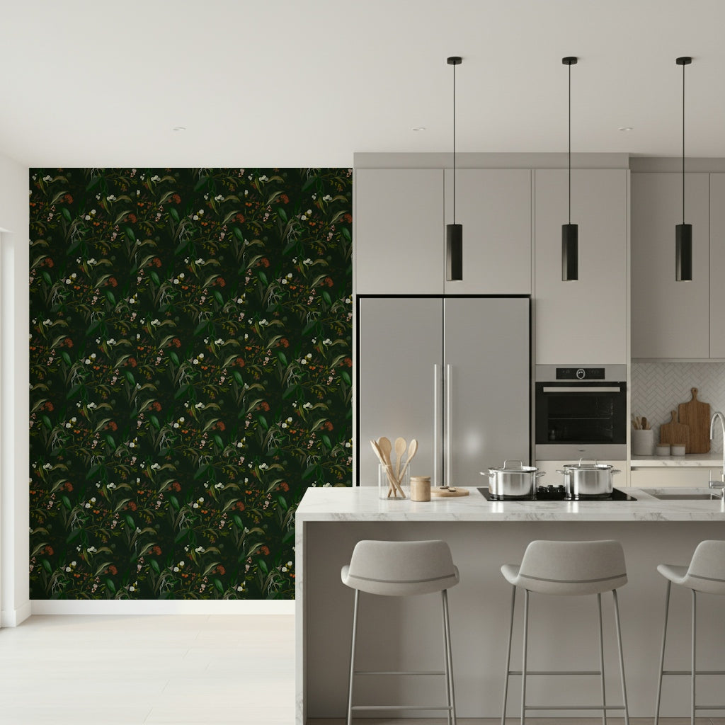 Dark floral wallpaper evoking a serene, moonlit garden atmosphere.