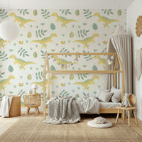 Nursery wallpaper with charming dinosaurs and simple, calming colors.