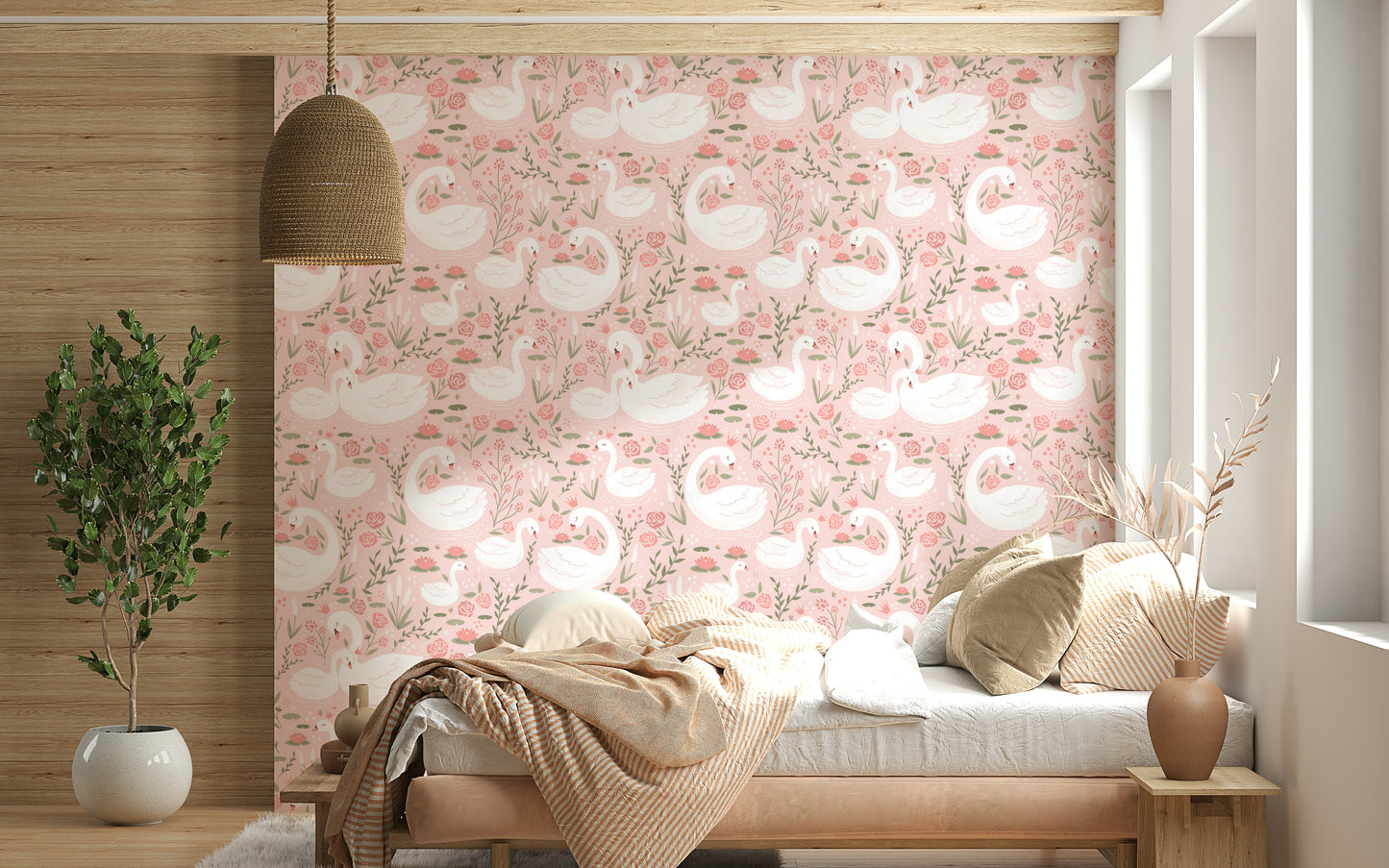 Soft floral garden design with regal swans for a magical, princess-like feel.