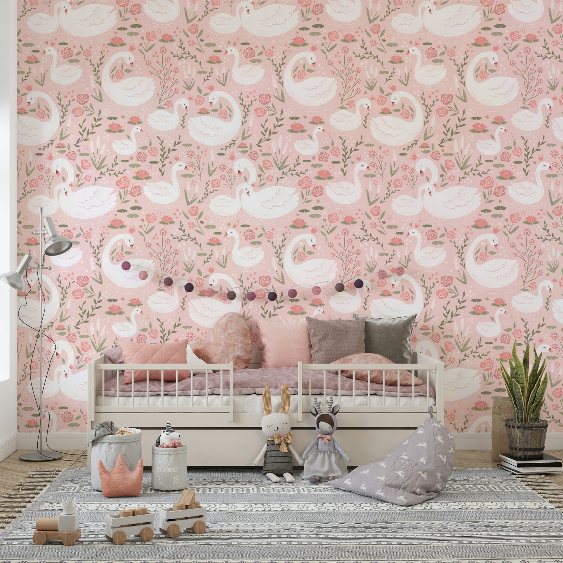 Fairytale-inspired swan garden design with soft blooms and gentle colors.