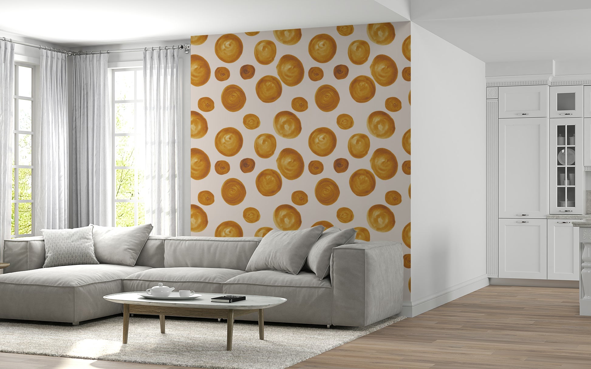 Amber-colored circles arranged in a gentle, repeating geometric layout.