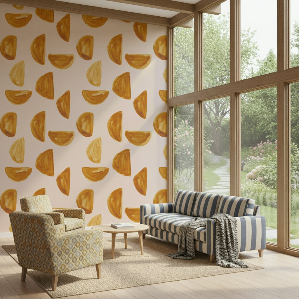 Abstract gold brushstroke mural adding a luxurious metallic accent.