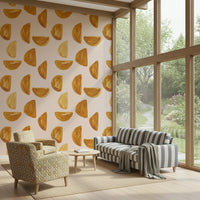 Abstract gold brushstroke mural adding a luxurious metallic accent.