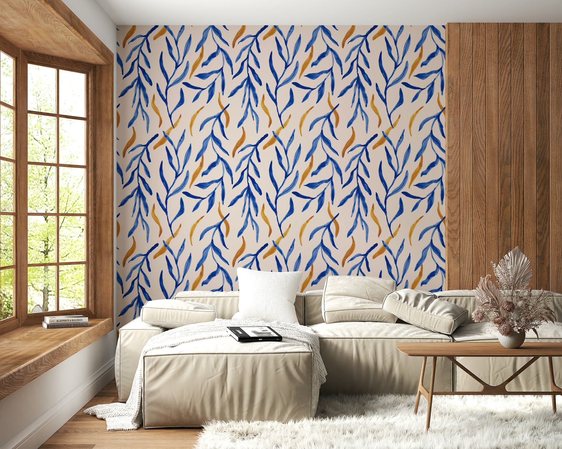 Artistic blue-and-gold foliage wallpaper with gentle watercolor textures.