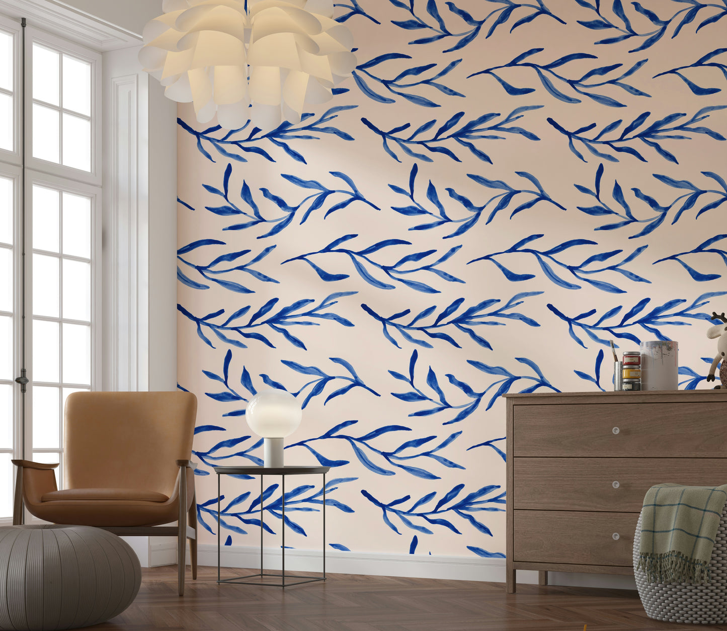 Botanical wall mural with blue leaves and soft hand-drawn plant motifs.