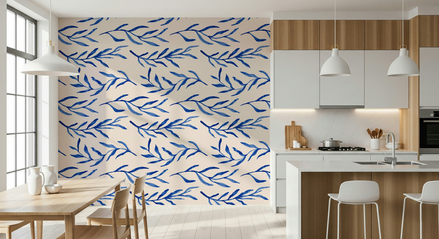 Modern blue botanical wallpaper with crisp, artistic plant sketches.