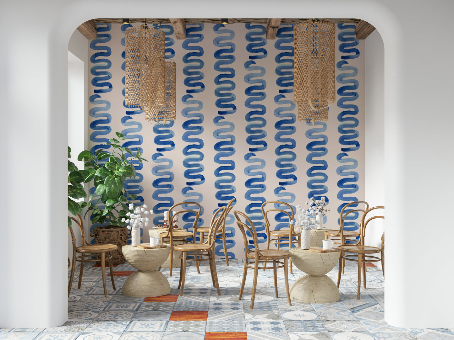 Azure watercolor-style swirls for a fluid, artistic wall effect.
